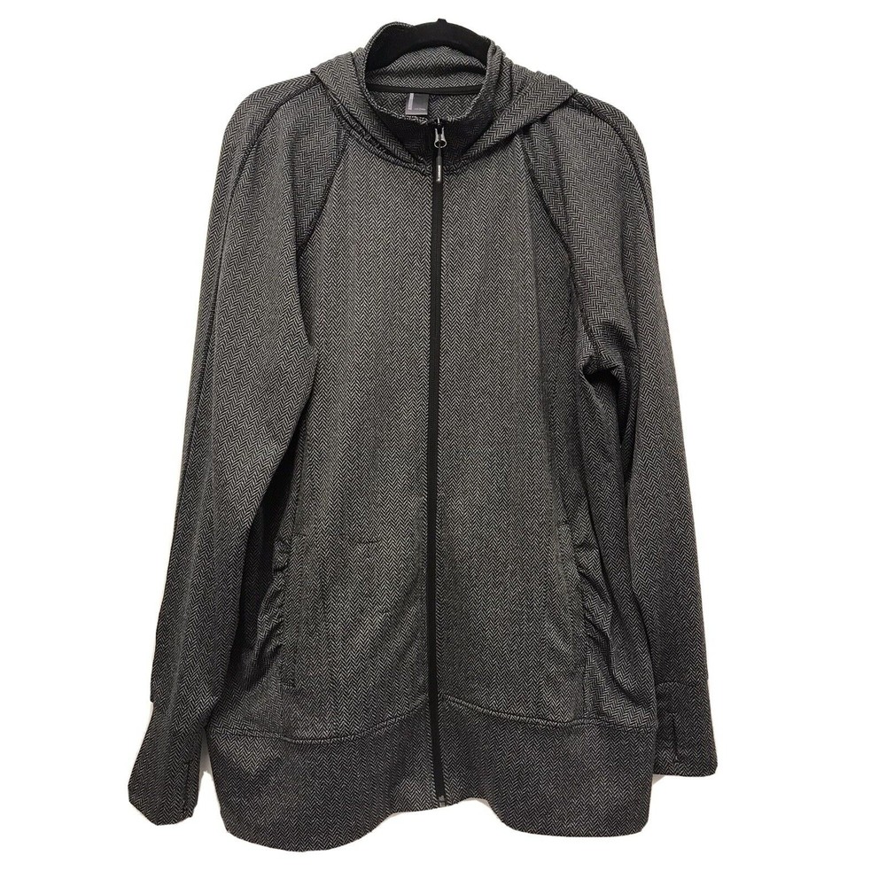 Mondetta Womens Hooded Jacket 2XL Ruched Pockets Thumbhole Black Herringbone